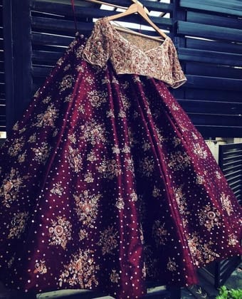 Pretty Maroon Color Embroidered Semi Stitched Lahenga Choli