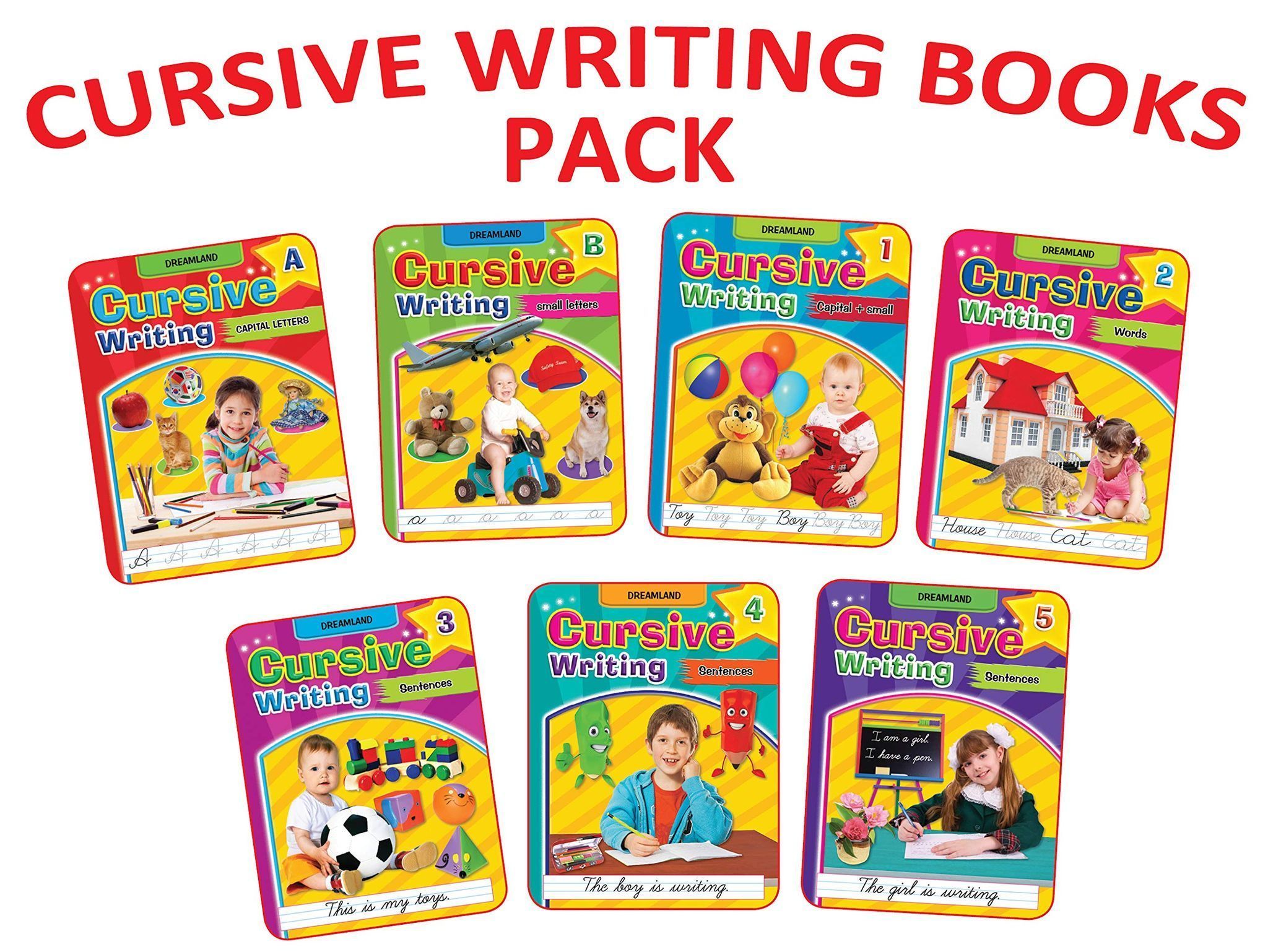 Cursive Writing 7 Books Pack - Capital Letters, Small Letters, Joining Letters, Words, Sentences - Handwriting Practice Books for Age 3-7 years (Set of 7 Books) [Paperback] Dreamland Publications