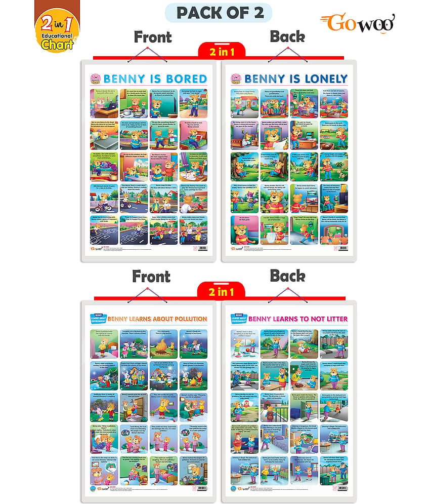 Set of 2 | 2 IN 1 BENNY IS BORED AND BENNY IS LONELY and 2 IN 1 BENNY LEARNS ABOUT POLLUTION AND BENNY LEARNS NOT TO LITTER Early Learning Educational Charts for Kids