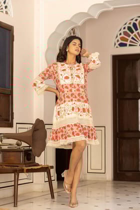 FREYAA Cream Cotton Round-Neck Tunic with Floral Design-CREAM / M