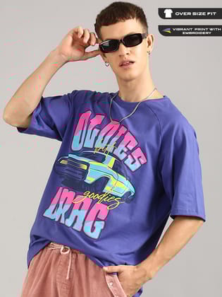 Royal Blue Oversized Printed Raglan T-shirt-S