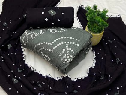 Cotton Satin Contrast Hand Crafted Kutchi Bandhani Dress Material (Unstitched)-Grey-Black