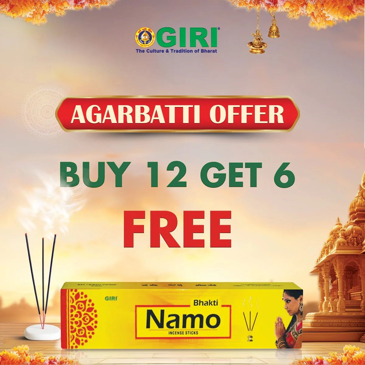 Giri Incense Sticks Pack | Buy 12 Get 6  | Scent Sticks Combo  | Agarbatti Pack  | Agarbathi Combo Pack for Pooja  | Scent: Bhakti