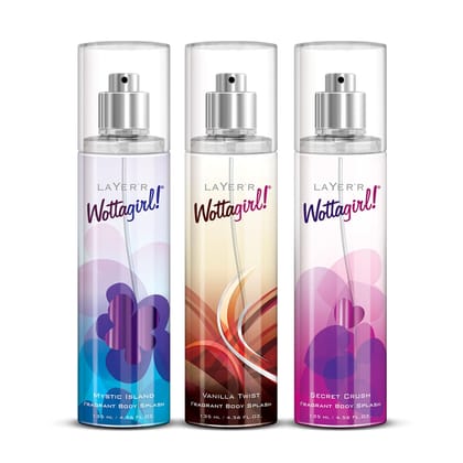 Layer�r Wottagirl Body Splash Combo for Women 3�135ml (405ml) | Vanilla Twist | Mystic Island | Secret Crush | Premium Long-Lasting Fruity & Floral Body Mists | Everyday Deodorant | Perfume Gift Set