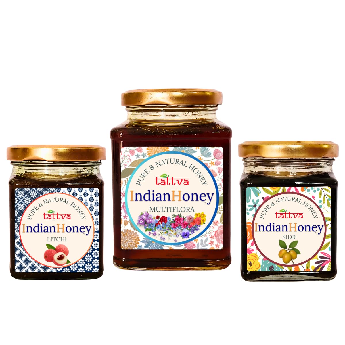 IndianHoney Himalayan Multiflora, sidr, & litchi Triple Combo Pack (500gm + 2x230gm)