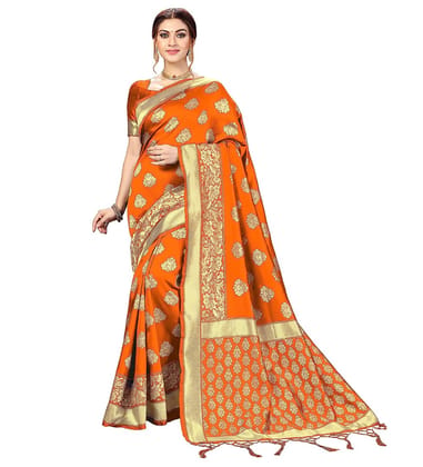Women's Kanjivaram Style Floral design Jacquard Zari Woven Banarasi Art Silk Saree with Unstitched Blouse Piece (Orange, 5-6mtrs)