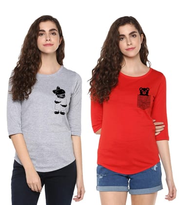 Young Trendz Womens Combo 3/4th Sleeve Tweety Printed Grey Color and Teddy Printed Red Color Tshirts-Grey/Red / Small / 100% Bio Wash Cotton