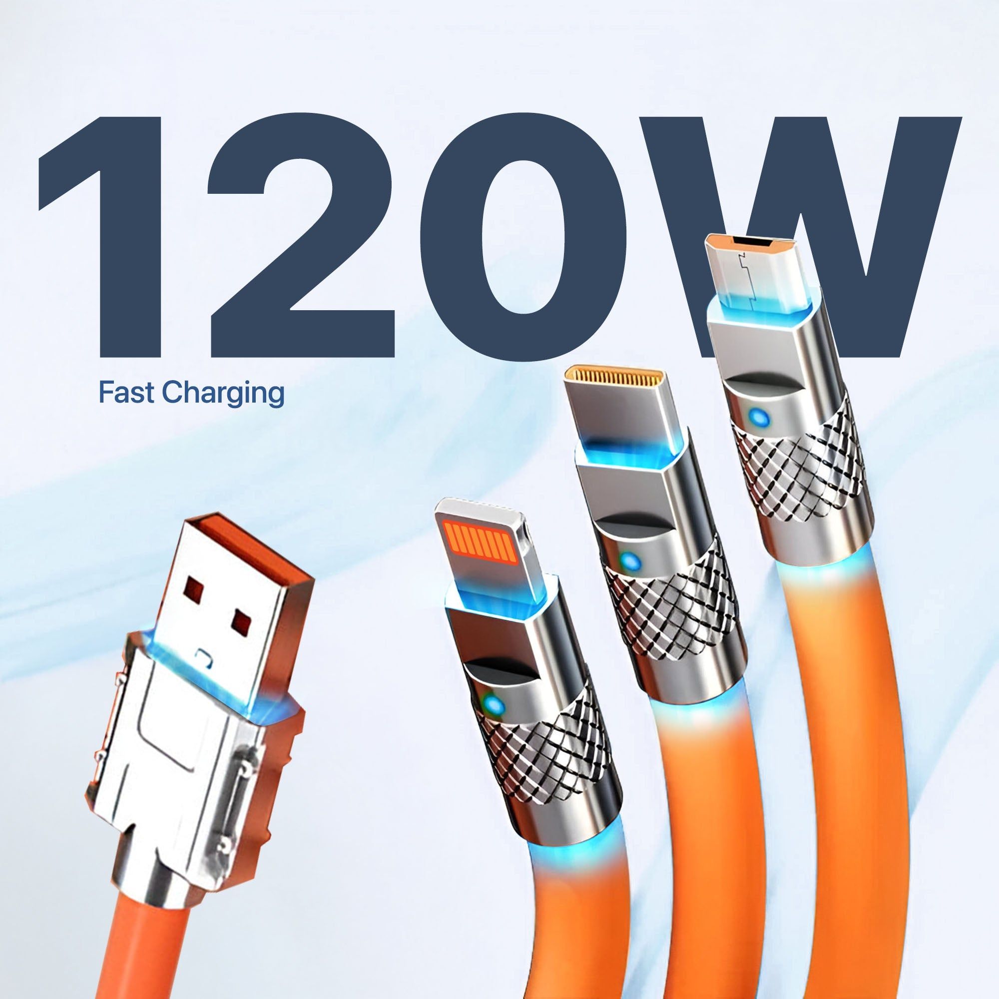 Vaku Luxos ® 3-in-1 Fast Charging Data Sync Cable 120W Durable Silicone Cable With Lightning, C-Type, Micro USB Ports
