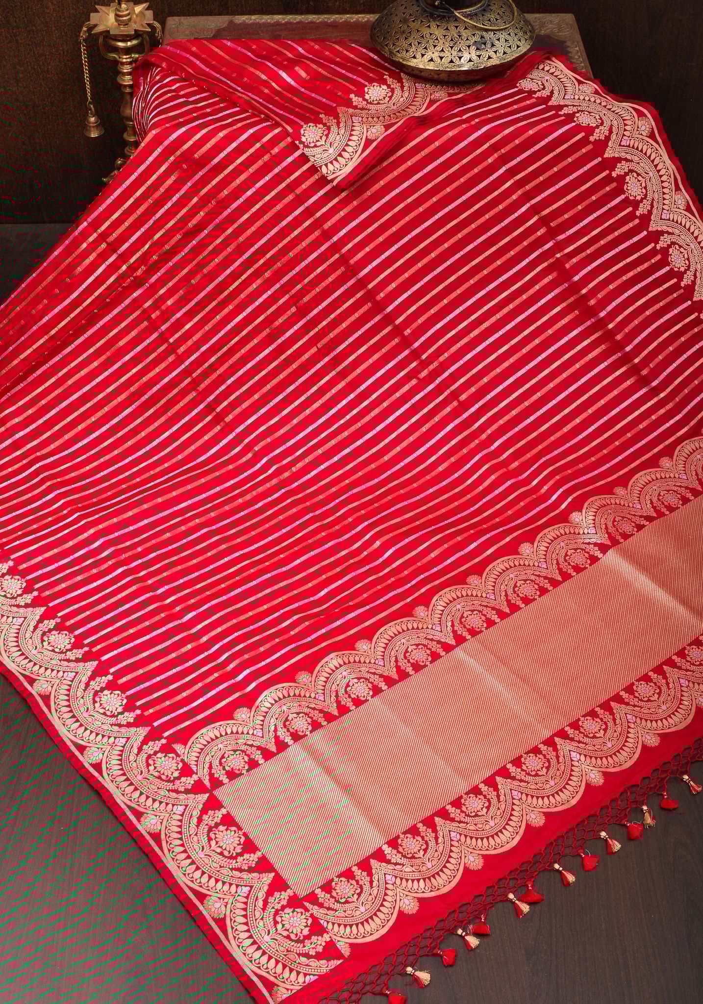 Red Banarasi Katan with Three tone Zari Stripes | SILK MARK CERTIFIED