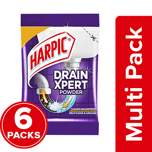 Harpic Drain Xpert Drain Cleaning Powder - For Washbasins, Sinks, Bathrooms, 6 x 50 g Multipack