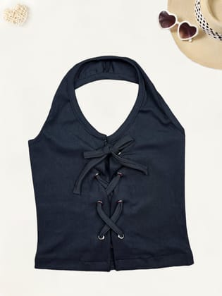 Girl Black Halter Neck Top [GT-611]  (3-11 Years)-5-6Y (Size - 26) / Ribbed / Black