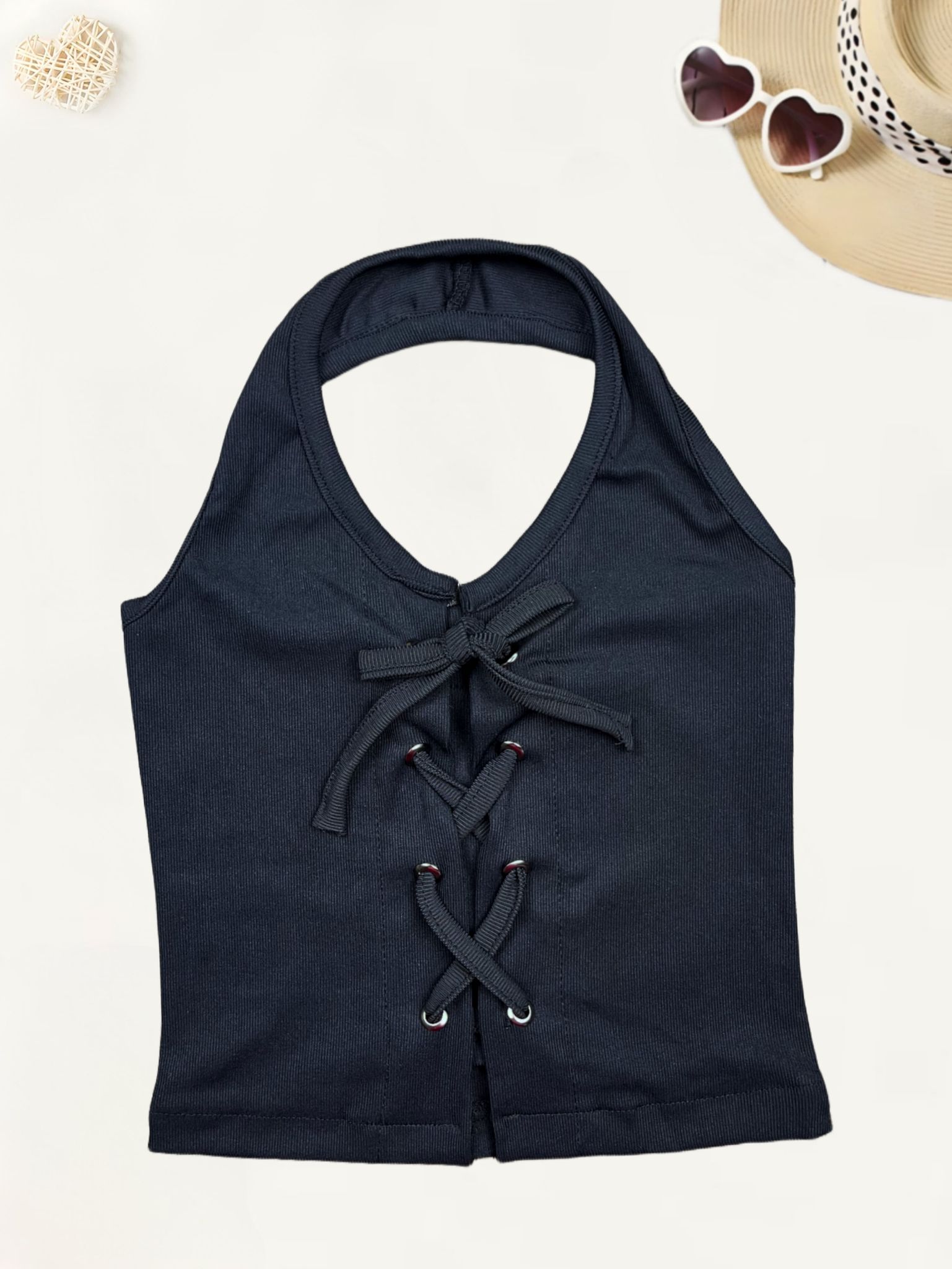 Girl Black Halter Neck Top [GT-611]  (3-11 Years)-5-6Y (Size - 26) / Ribbed / Black