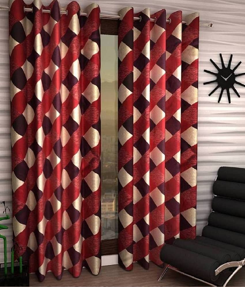 N2C Home Floral Semi-Transparent Eyelet Curtain 7 ft ( Pack of 2 ) - Maroon