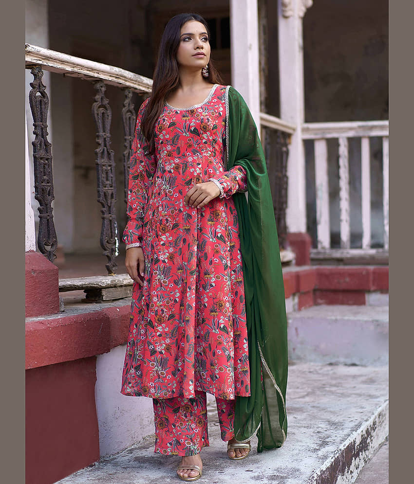 Janasya - Pink Anarkali Georgette Women's Stitched Salwar Suit ( Pack of 1 )