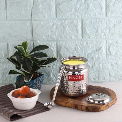 HAZEL Stainless Steel Ghee Container with Spoon, Oil Containers for Kitchen with Lid, 600 ML