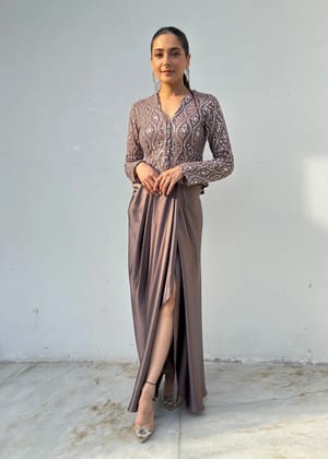 Brown mirror top with draped skirt Set-Brown / XS / XS