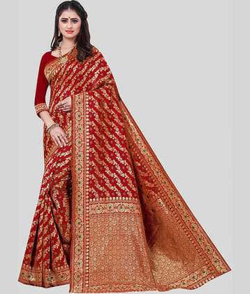 Gazal Fashions Banarasi Silk Embellished Saree With Unstitched Blouse Piece ( Red )