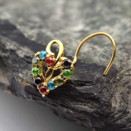 Cute Ethnic Heart 14k Real Gold CZ Corkscrew Nose Stud 24g-Left Nostril