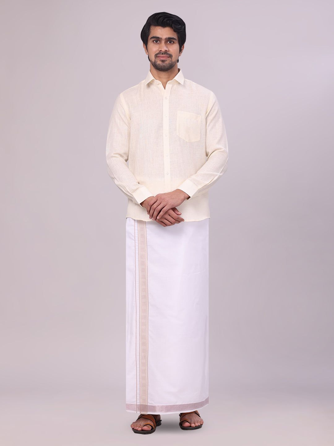 Mens Cream Shirt with Matching jacquard Weave Border Dhoti Combo Marsh-36 / F/S / Cream