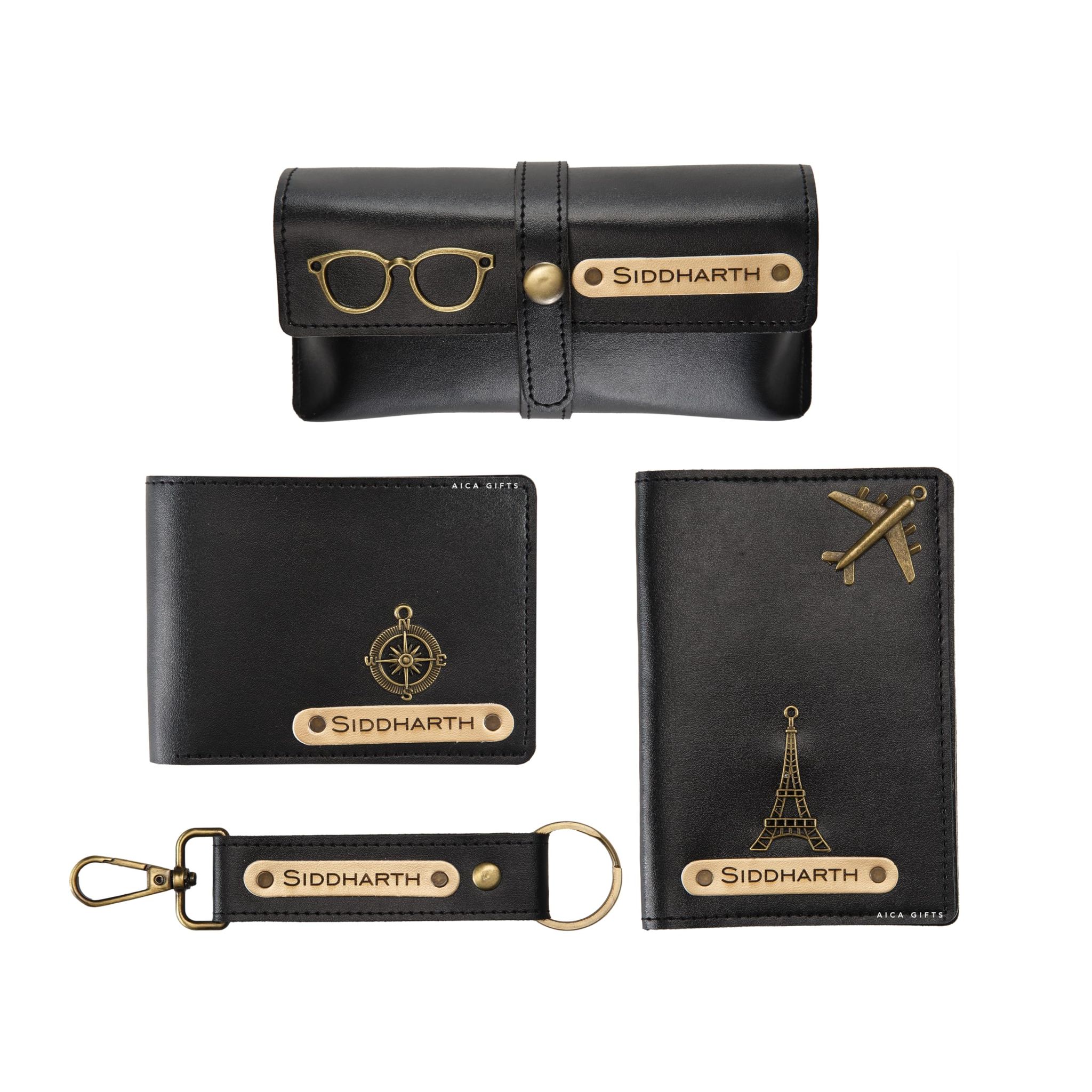 Aica Personalized Name & Charm Leather Wallet Mens Combo Giftset (Black) | Customized Valentines Day Valentine Propose Day Gift For Men Boy Husband Father Boyfriend Friend Family Lover Office Couples Aica Personalized Name & Charm Leather Wallet Mens Com