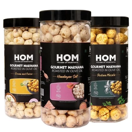 GOURMET MAKHANA Roasted in Olive Oil | Flavors , Pudina Masala, Cream & Onion and Himalayan Salt | Combo Of 3, 65g Each. - 195 gm