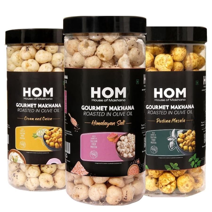 GOURMET MAKHANA Roasted in Olive Oil | Flavors , Pudina Masala, Cream & Onion and Himalayan Salt | Combo Of 3, 65g Each. - 195 gm