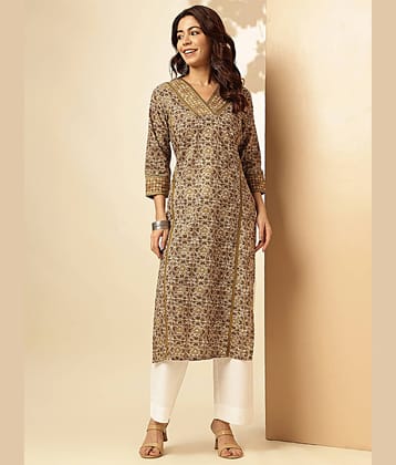 Vbuyz Cotton Printed Straight Women's Kurti - Beige ( Pack of 1 )