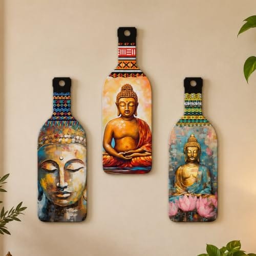 Artvibes Meditating Gautam Buddha Bottle shaped Wooden Wall Hanging | Spiritual Decor Items | Wall Art Painting