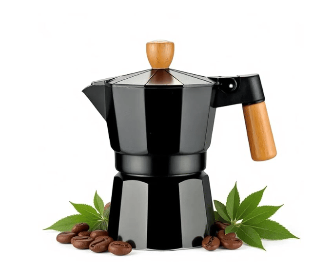 Italian Coffee Maker | Espresso Moka Pot 3 Cup (150ml) | Black Aluminum Stovetop Espresso Maker | Real Wooden Handle