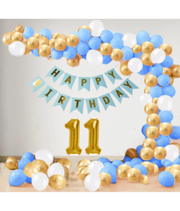 Jolly Party  11 Year Decoration kit For Boy and Girl Happy-Birthday 62 Pcs Combo Items 20 golden, 20 White 20 Blue balloons and 13 letter happy birthday banner and 11 letter golden foil balloon.