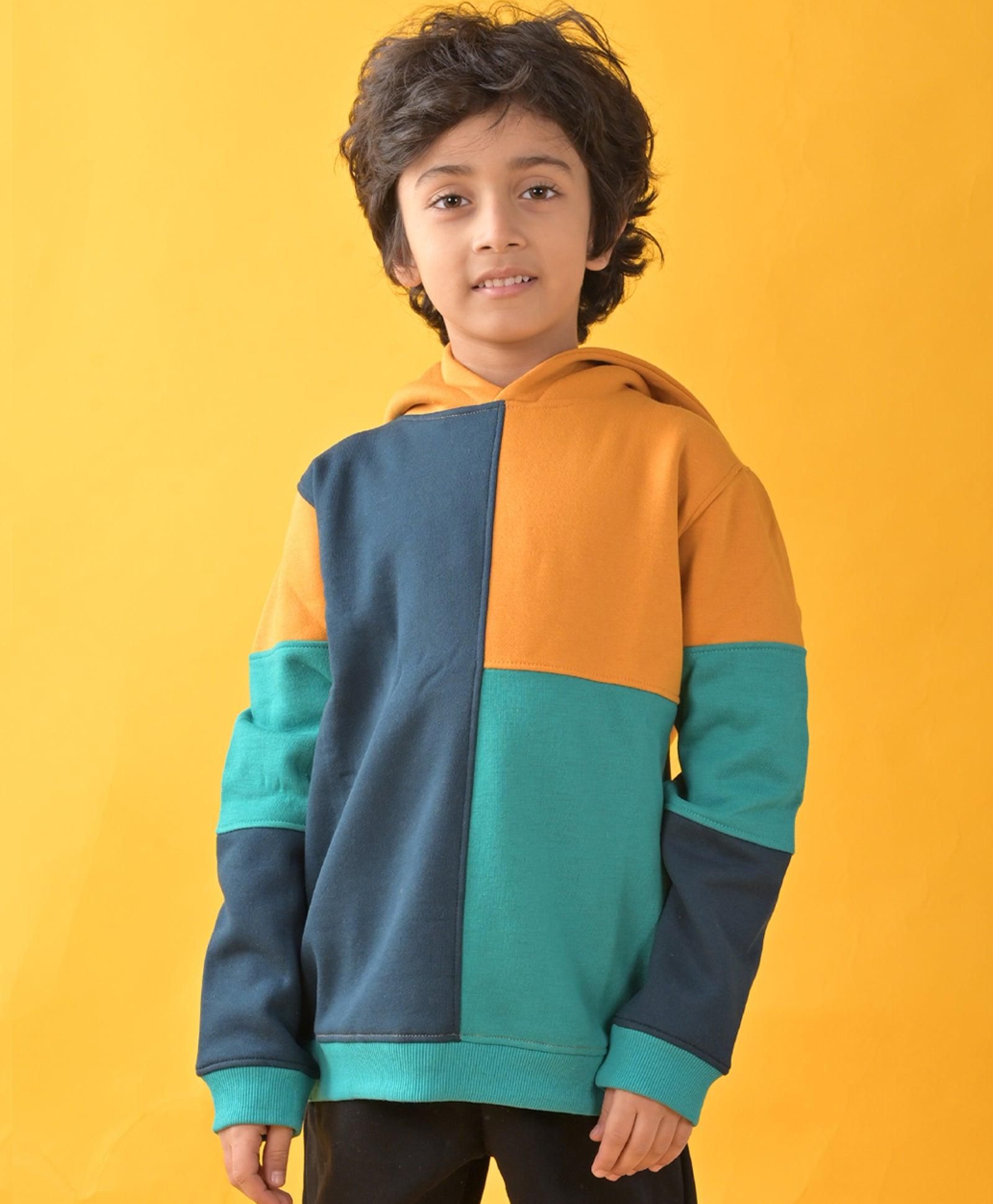YELLOW, GREEN, BLUE COLOR BLOCK FLEECE HOODIE - YELLOW-6-12 MONTHS / 1N / NAVY