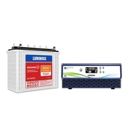 Luminous Inverter & Battery Combo (Optimus 1250 Sine Wave 1100VA/12V Inverter with Red Charge RC 24000 Tall Tubular 180Ah Battery) for Home, Office & Shops