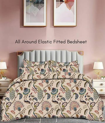 YKNIP Cotton Floral Printed Fitted 1 Bedsheet with 2 Pillow Covers ( King Size ) - Beige