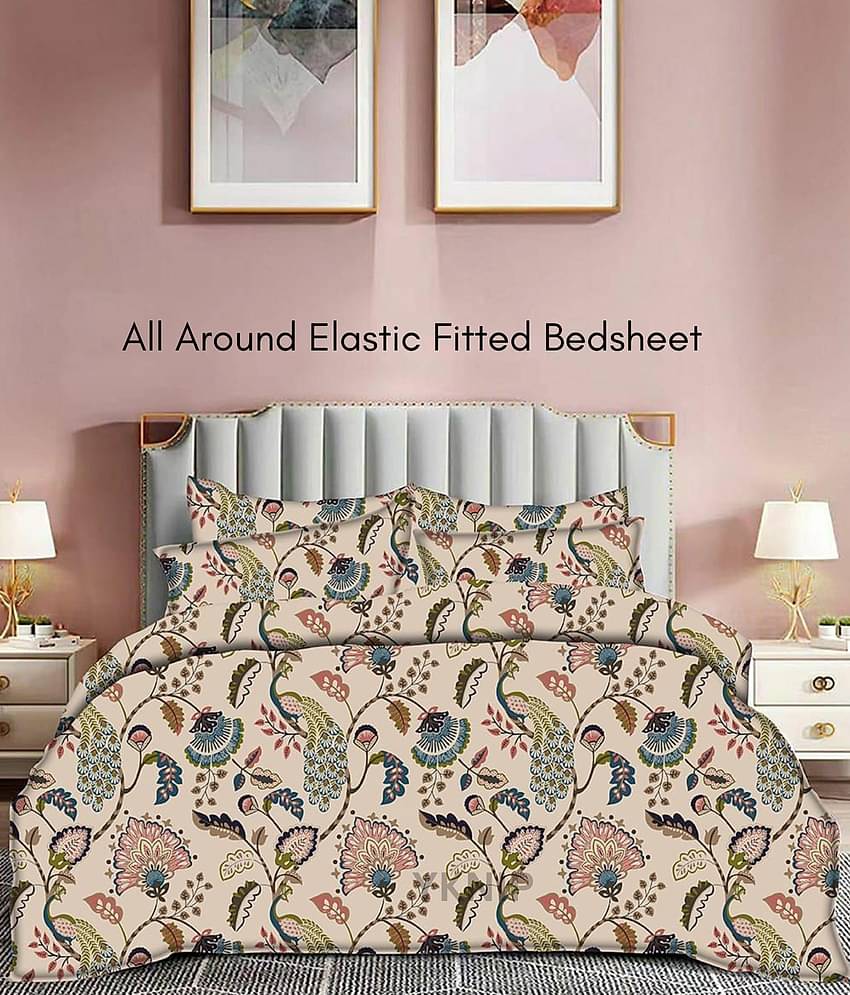 YKNIP Cotton Floral Printed Fitted 1 Bedsheet with 2 Pillow Covers ( King Size ) - Beige