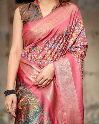 Rich Maroon Digital Print Saree with Antique Floral Design and Elegant Tassels-Regular