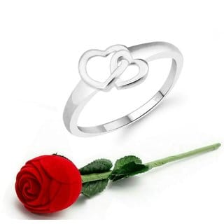 VFJ Cute Double Heart CZ Rhodium Plated Ring   with Scented Velvet Rose Ring Box for women and girls and your Valentine.