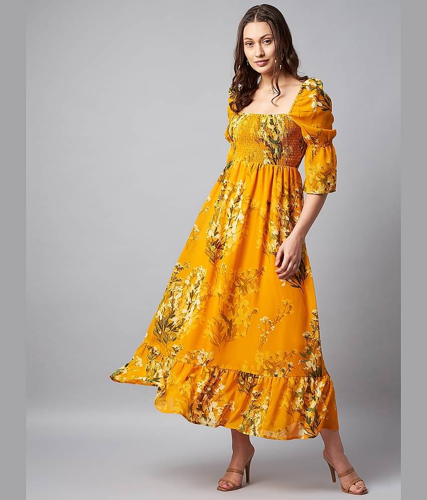 StyleStone Women Georgette Printed Gown ( Yellow )