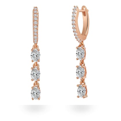 Brass 18k Rose Gold Oval Crystal Dangler Earring Pair For Women-Pink