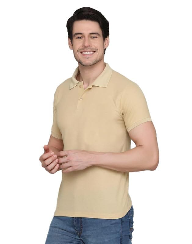Men's Casual Half Sleeve Solid Cotton Blended Polo Neck T-Shirt (Beige, L)-PID47119