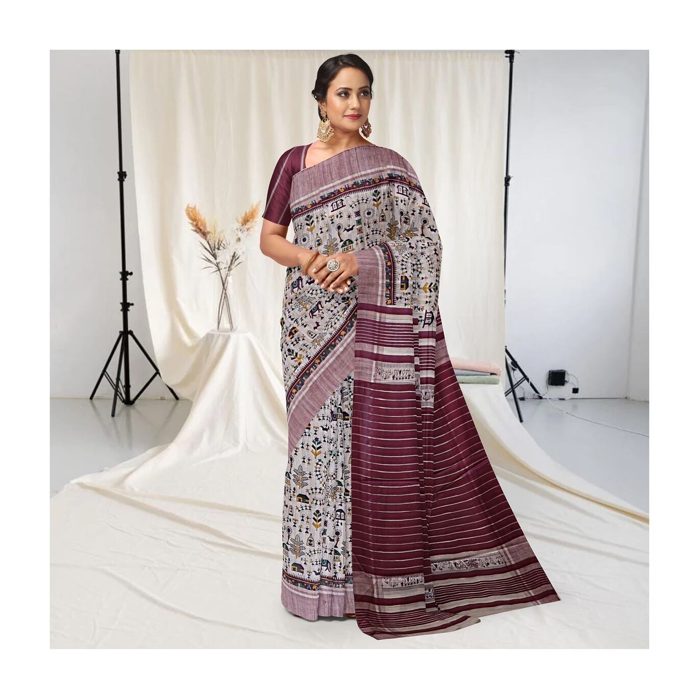 Multicolor Tribal Design Tussar Silk Saree