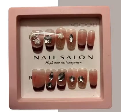 Kozykit Reusable Artificial Nails Set for Women & Girls | Press On Fake Nail Extensions with Artificial Pearls | Acrylic Stick On Nails | Peach & Maroon Elegant Nail Design | Easy to Apply Nail Extensions Kit