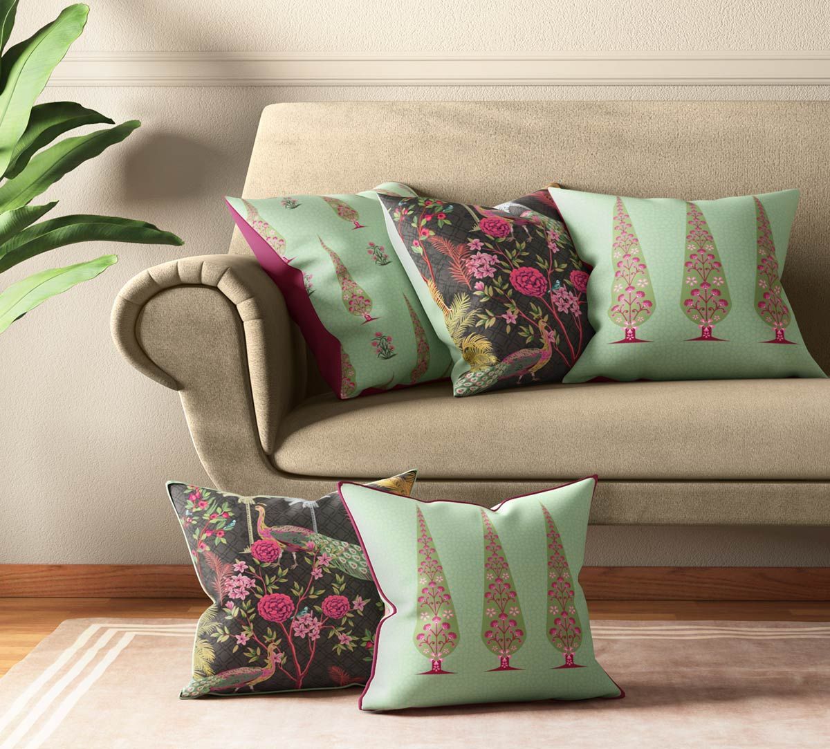 India Circus Peacock And Conifer Cushion Cover Set Of 5