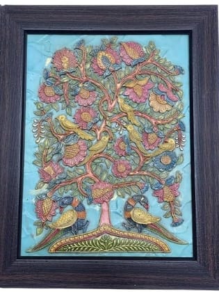Small Tree with birds Framed Tree of Life Wall Art, Kalamkari Style, Handpainted Birds and Flowers, Traditional Indian Decor (20 * 25 cm)