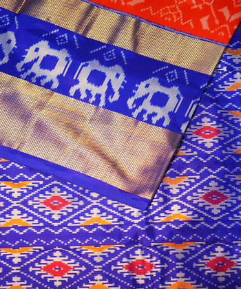 Orange blue handwoven pochampally ikat silk saree