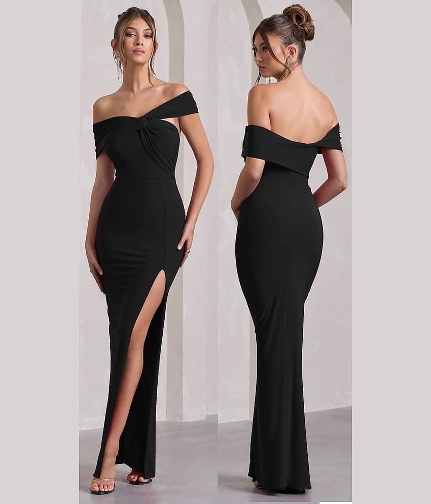 Traquila Women Lycra Solid Side Slit Dress ( Black )