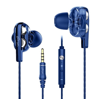 pTron Boom Ultima 4D Dual Driver, in Ear Gaming Wired Headphones with in-Line Mic, Volume Control & Passive Noise Cancelling Boom 3 Earphones - (Dark Blue)