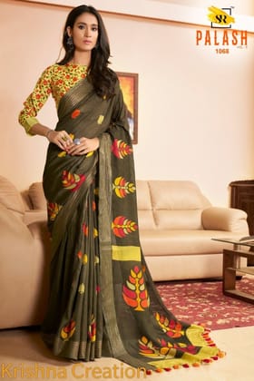 DARK MAHENDI GREEN DESIGN LINEN DIGITAL PRINTED SAREE   1543