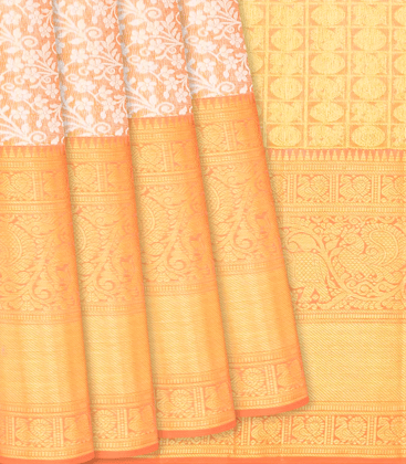 Peach Handloom Kanchipuram Tissue Silk Saree With Floral Motifs-Peach-Peach