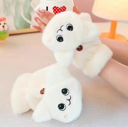 Fur Rabbit Mittens Plush fingerless Gloves Winter Soft Warm Thick Gloves-White