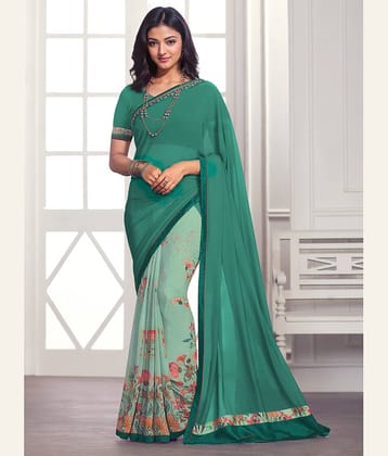 BLEESBURY Georgette Printed Saree With Unstitched Blouse Piece ( Navy Blue )